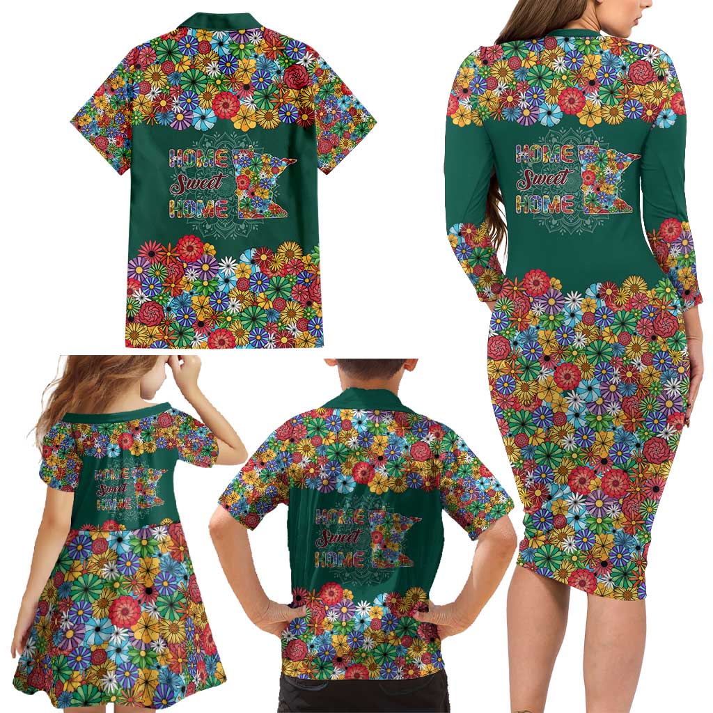 Home Sweet Home Minnesota Flower Xmas Christmas Family Matching Long Sleeve Bodycon Dress and Hawaiian Shirt Xmas Holiday Patterns - Wonder Print Shop