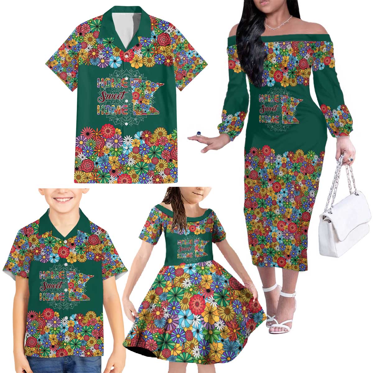 Home Sweet Home Minnesota Flower Xmas Christmas Family Matching Off The Shoulder Long Sleeve Dress and Hawaiian Shirt Xmas Holiday Patterns - Wonder Print Shop