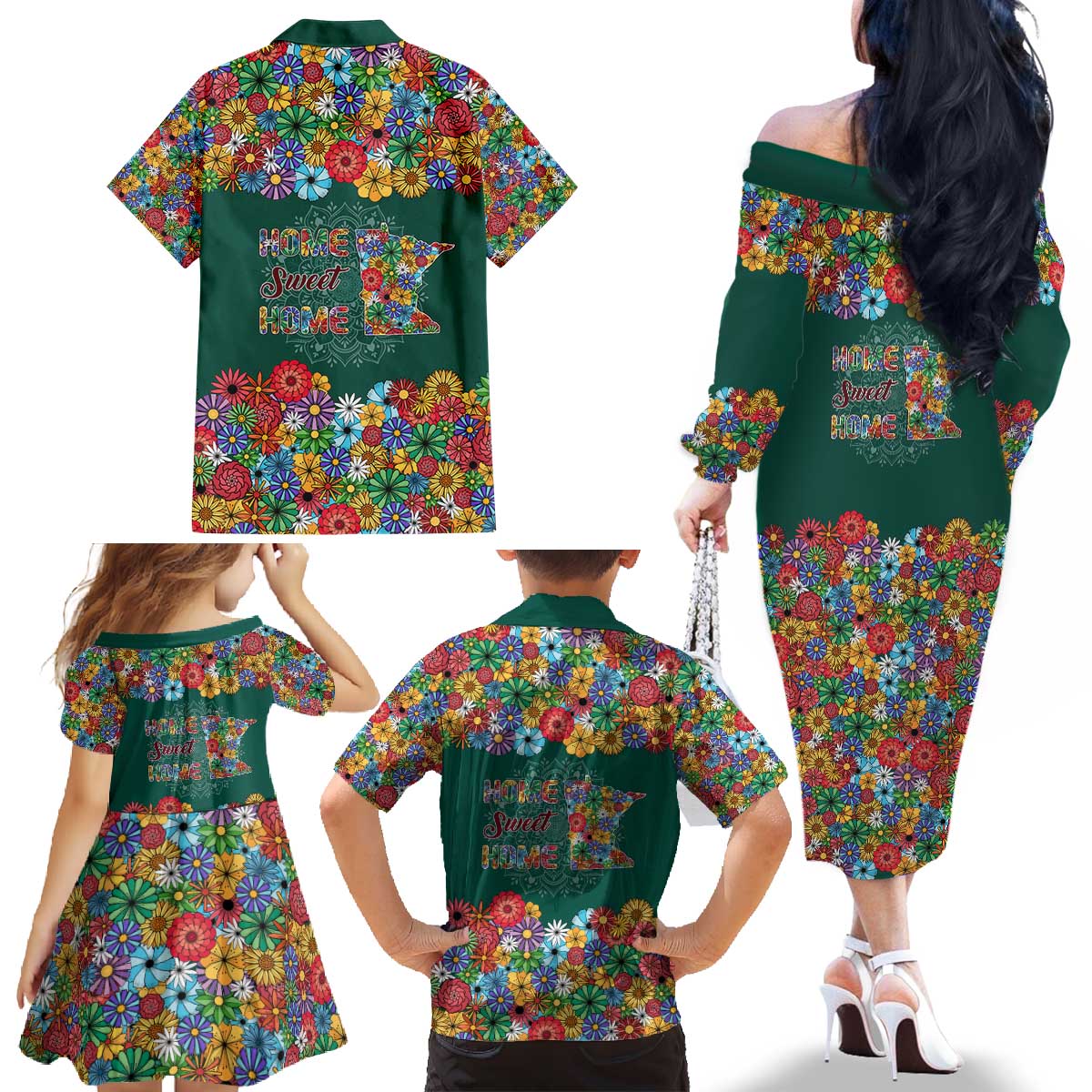 Home Sweet Home Minnesota Flower Xmas Christmas Family Matching Off The Shoulder Long Sleeve Dress and Hawaiian Shirt Xmas Holiday Patterns - Wonder Print Shop