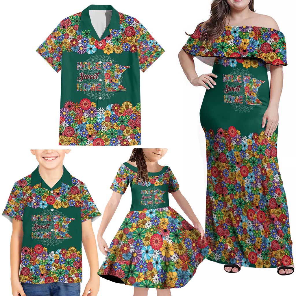 Home Sweet Home Minnesota Flower Xmas Christmas Family Matching Off Shoulder Maxi Dress and Hawaiian Shirt Xmas Holiday Patterns - Wonder Print Shop
