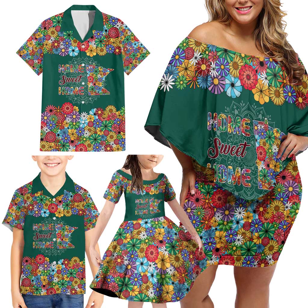 Home Sweet Home Minnesota Flower Xmas Christmas Family Matching Off Shoulder Short Dress and Hawaiian Shirt Xmas Holiday Patterns - Wonder Print Shop