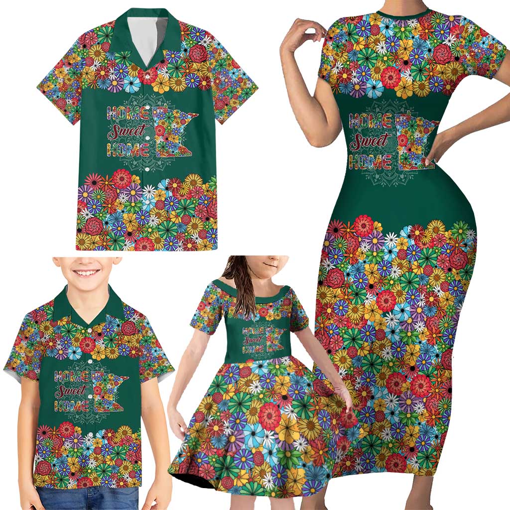 Home Sweet Home Minnesota Flower Xmas Christmas Family Matching Short Sleeve Bodycon Dress and Hawaiian Shirt Xmas Holiday Patterns - Wonder Print Shop