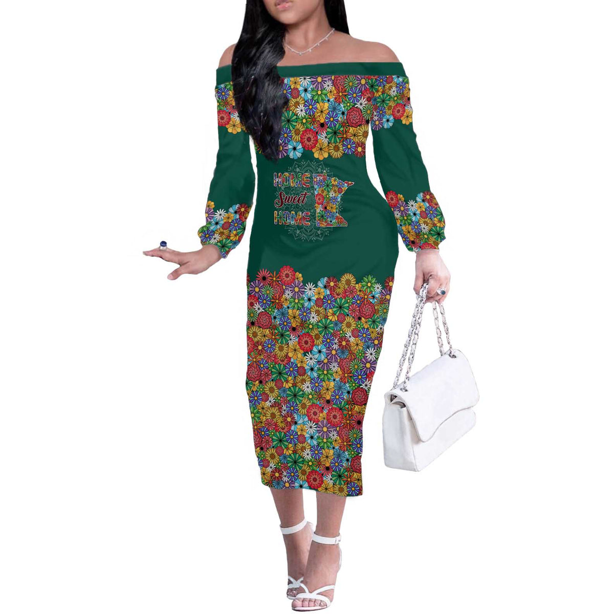 Home Sweet Home Minnesota Flower Xmas Christmas Off The Shoulder Long Sleeve Dress Xmas Holiday Patterns - Wonder Print Shop
