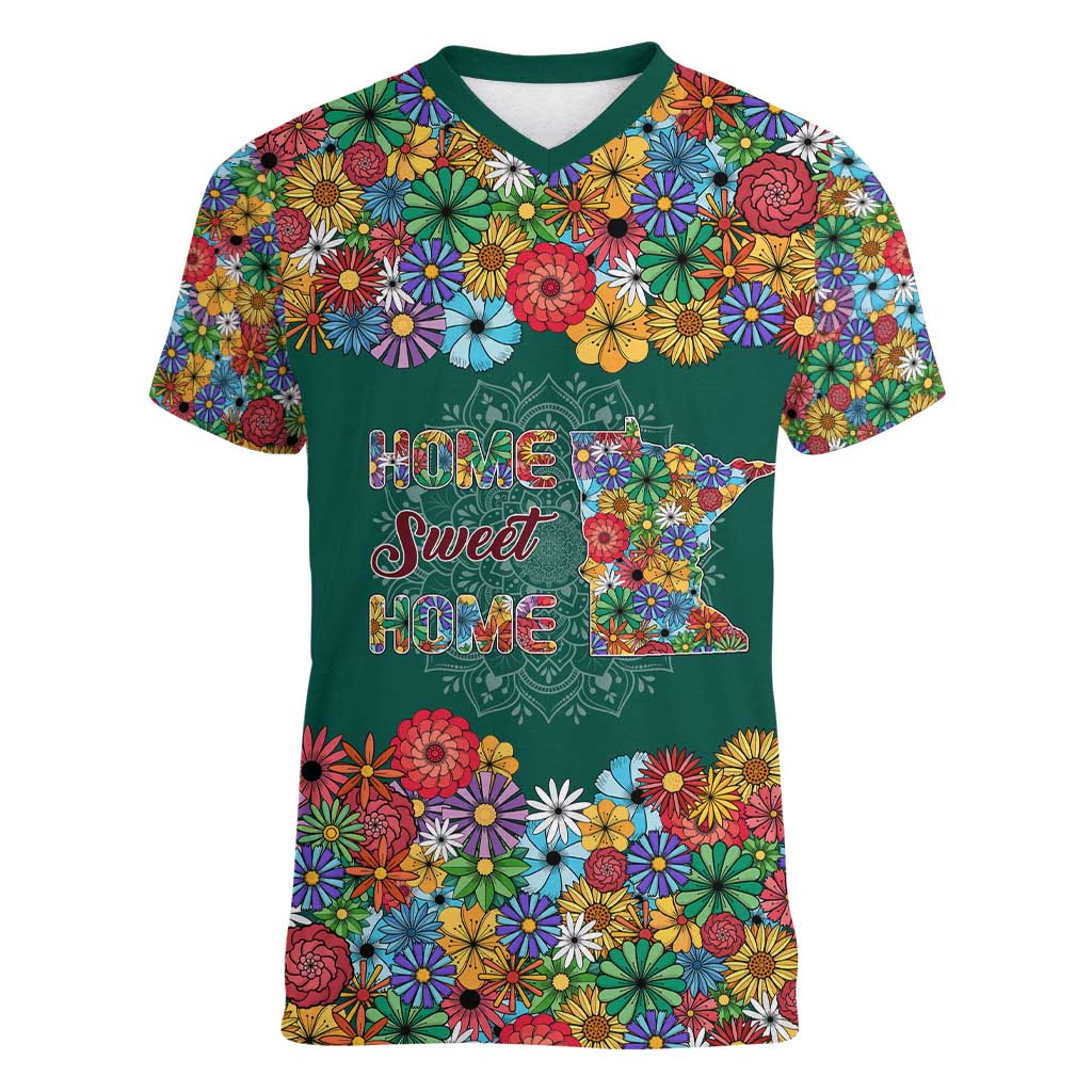 Home Sweet Home Minnesota Flower Xmas Christmas Women V-Neck T-Shirt Xmas Holiday Patterns - Wonder Print Shop
