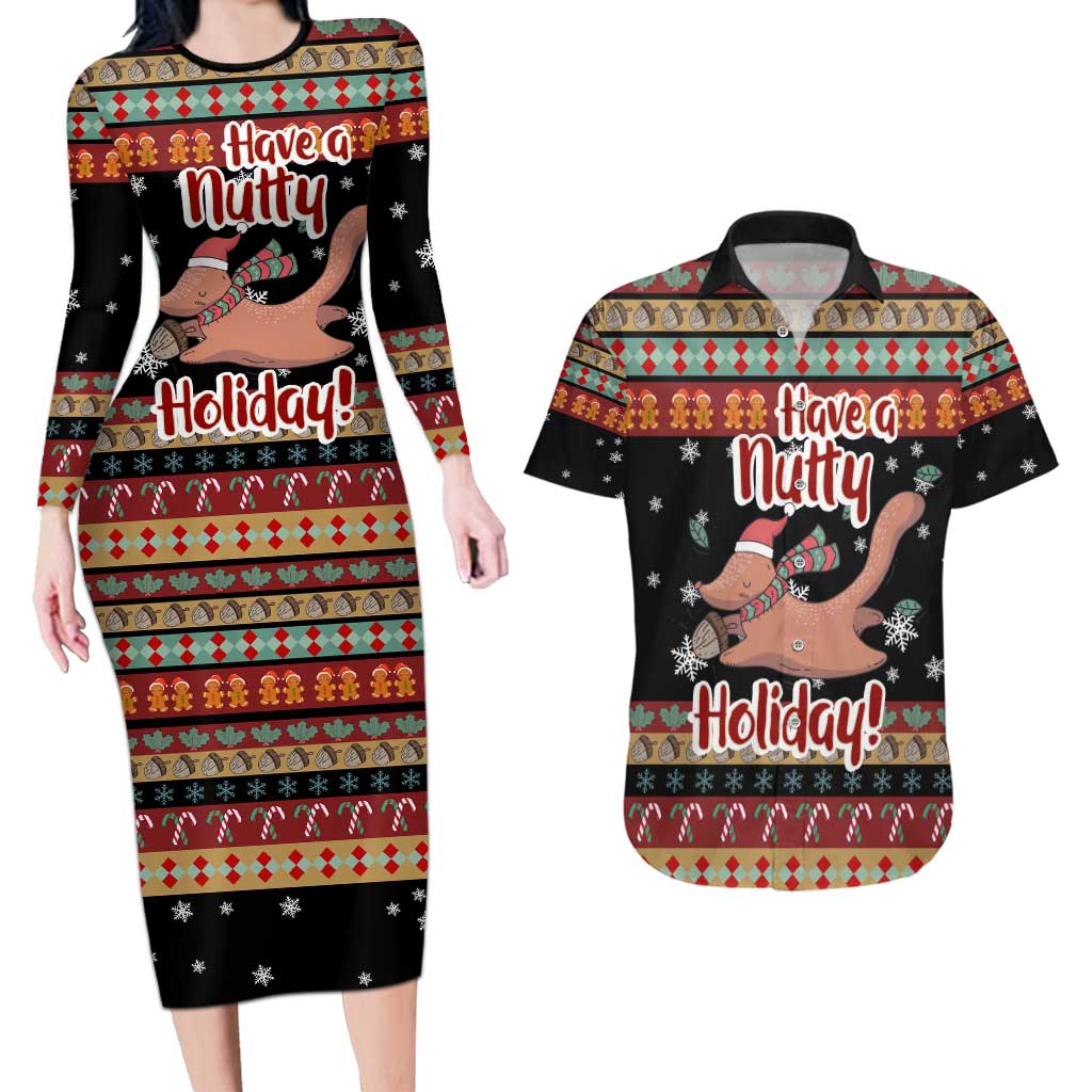Have A Nutty Holiday Christmas Couples Matching Long Sleeve Bodycon Dress and Hawaiian Shirt Xmas Holiday Patterns - Wonder Print Shop
