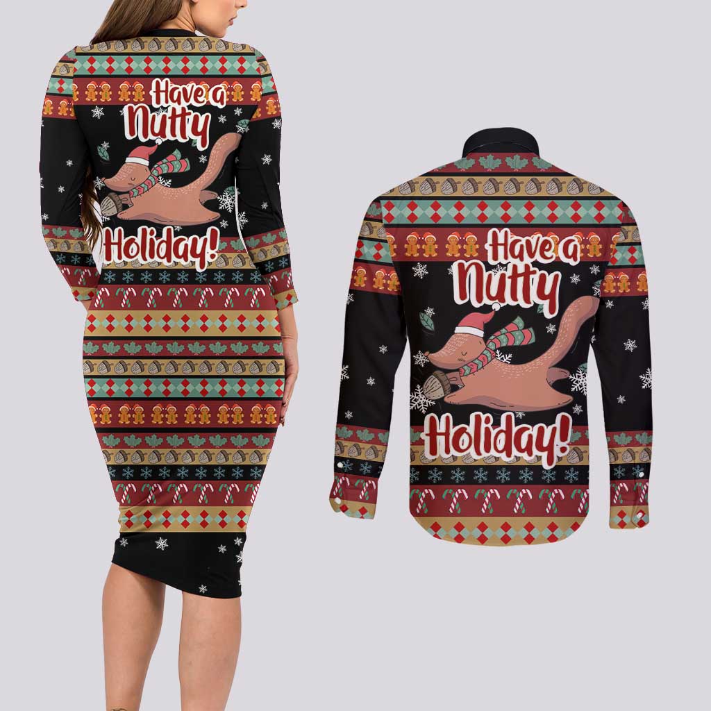 Have A Nutty Holiday Christmas Couples Matching Long Sleeve Bodycon Dress and Long Sleeve Button Shirt Xmas Holiday Patterns - undefined