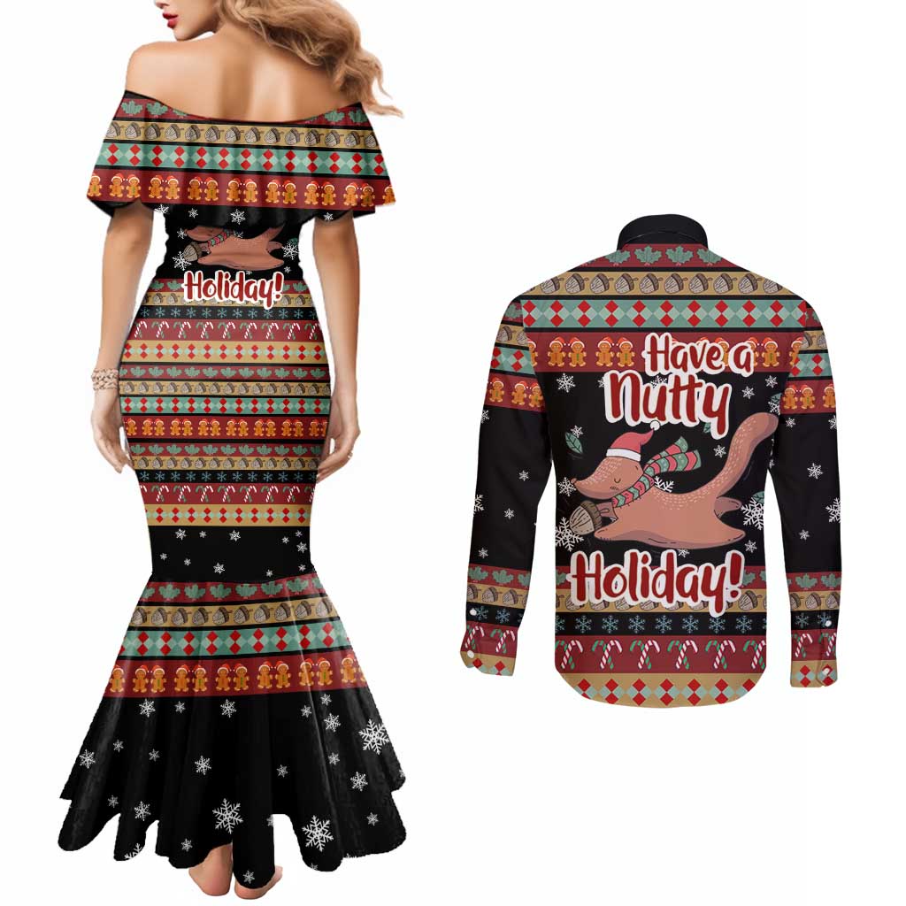 Have A Nutty Holiday Christmas Couples Matching Mermaid Dress and Long Sleeve Button Shirt Xmas Holiday Patterns - Wonder Print Shop