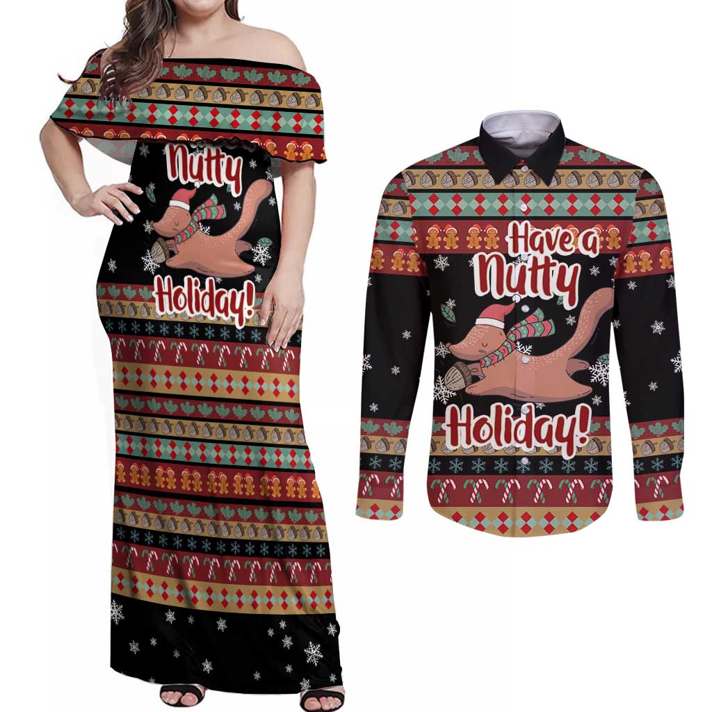 Have A Nutty Holiday Christmas Couples Matching Off Shoulder Maxi Dress and Long Sleeve Button Shirt Xmas Holiday Patterns - Wonder Print Shop