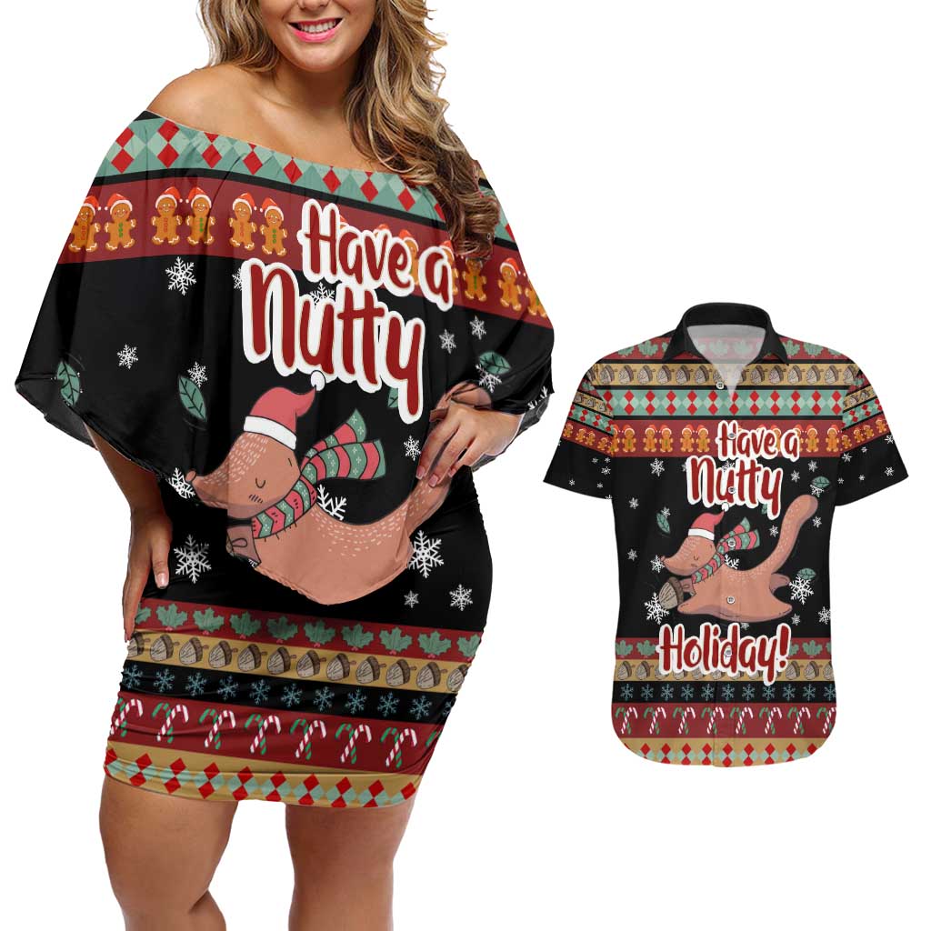 Have A Nutty Holiday Christmas Couples Matching Off Shoulder Short Dress and Hawaiian Shirt Xmas Holiday Patterns - Wonder Print Shop