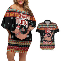 Have A Nutty Holiday Christmas Couples Matching Off Shoulder Short Dress and Hawaiian Shirt Xmas Holiday Patterns - Wonder Print Shop