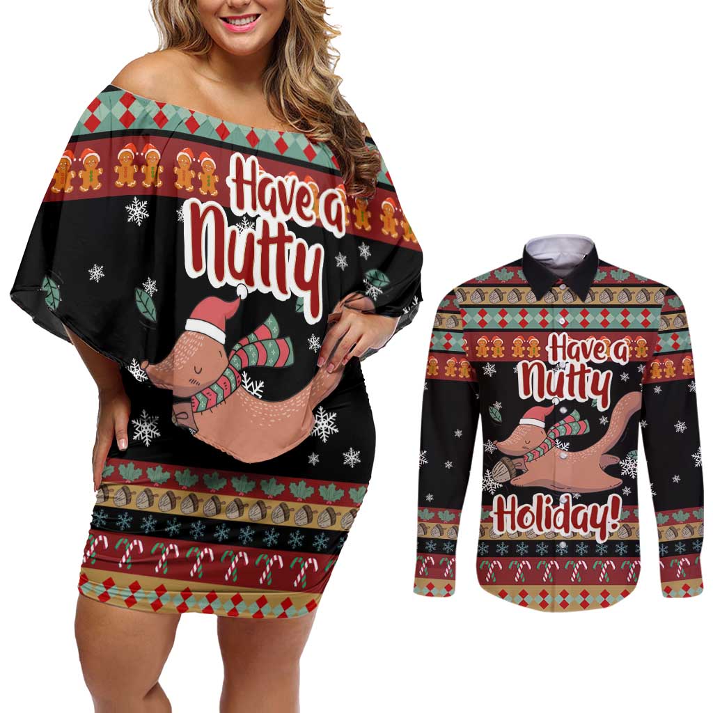 Have A Nutty Holiday Christmas Couples Matching Off Shoulder Short Dress and Long Sleeve Button Shirt Xmas Holiday Patterns - undefined