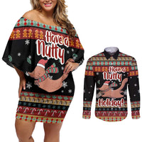 Have A Nutty Holiday Christmas Couples Matching Off Shoulder Short Dress and Long Sleeve Button Shirt Xmas Holiday Patterns - undefined