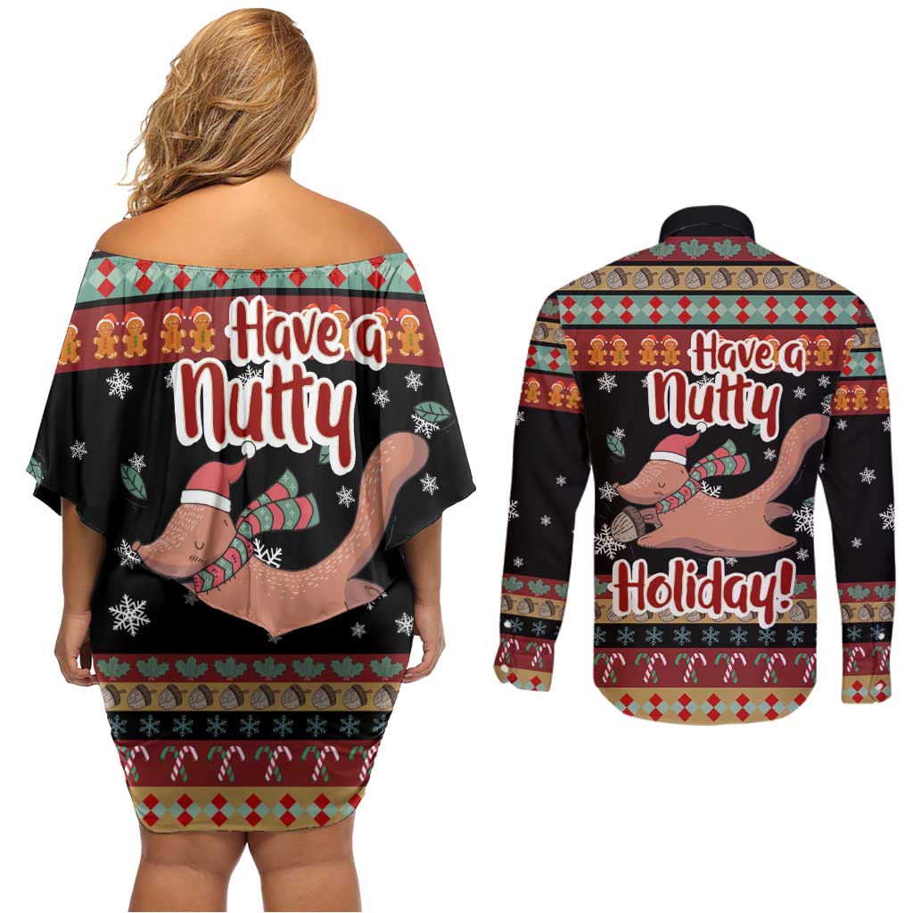 Have A Nutty Holiday Christmas Couples Matching Off Shoulder Short Dress and Long Sleeve Button Shirt Xmas Holiday Patterns - undefined