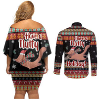 Have A Nutty Holiday Christmas Couples Matching Off Shoulder Short Dress and Long Sleeve Button Shirt Xmas Holiday Patterns - undefined