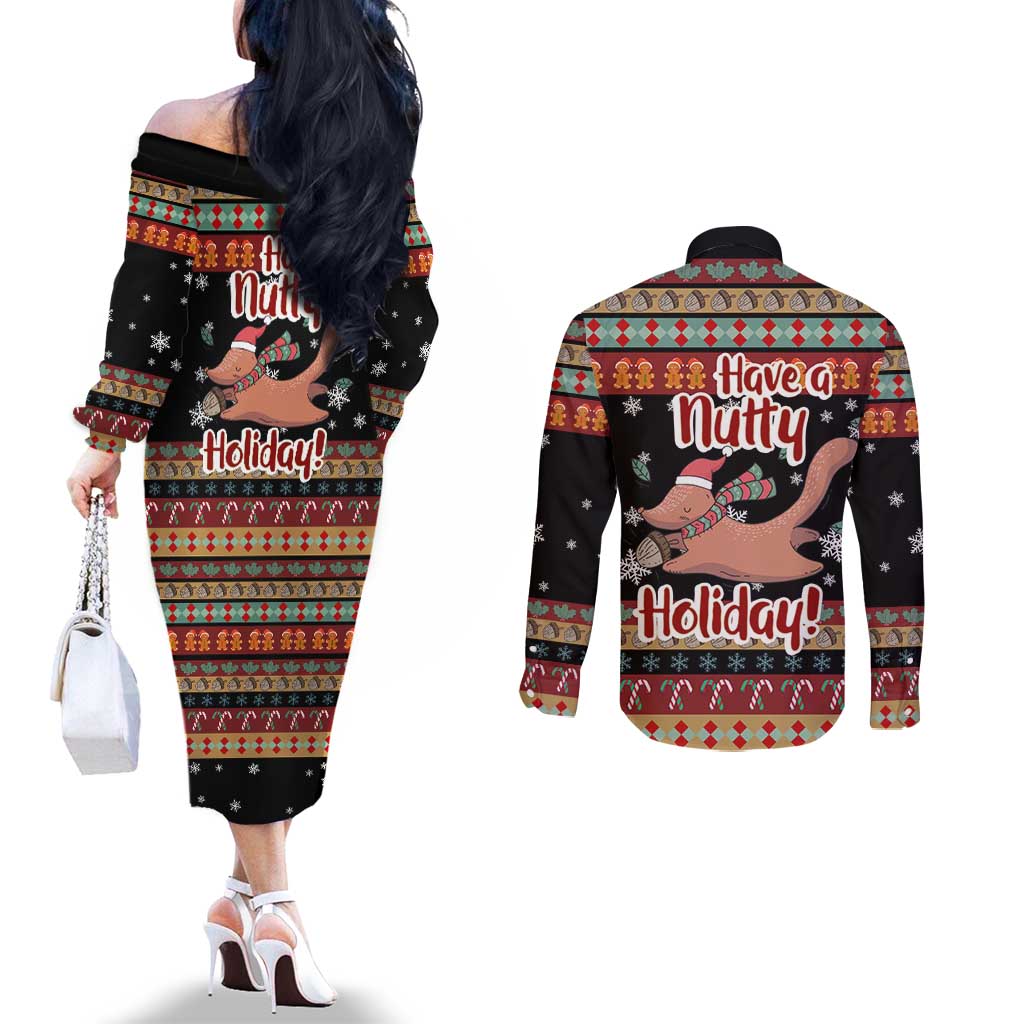 Have A Nutty Holiday Christmas Couples Matching Off The Shoulder Long Sleeve Dress and Long Sleeve Button Shirt Xmas Holiday Patterns - Wonder Print Shop