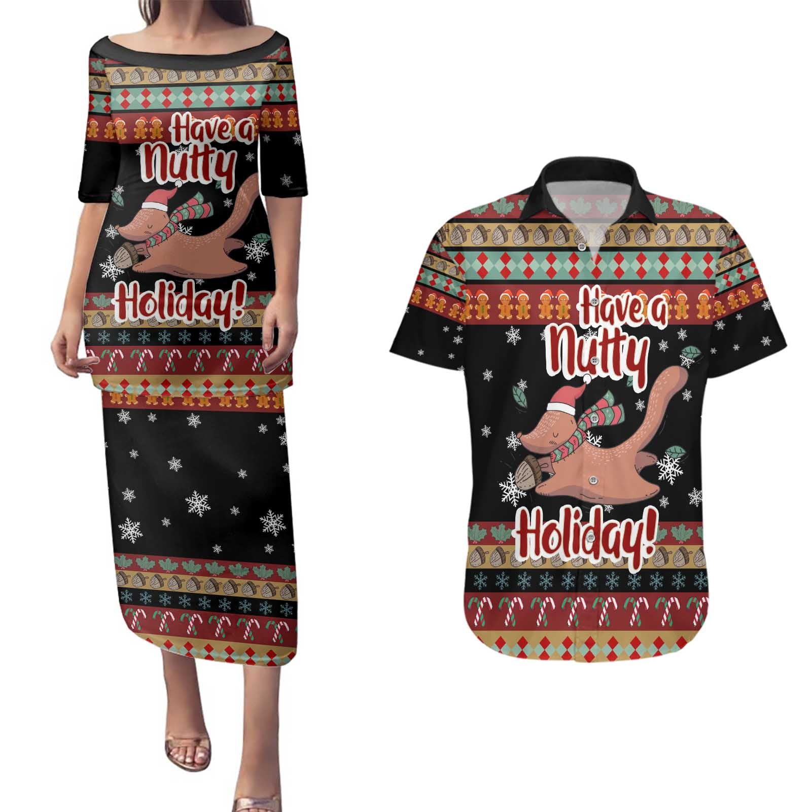 Have A Nutty Holiday Christmas Couples Matching Puletasi and Hawaiian Shirt Xmas Holiday Patterns - Wonder Print Shop