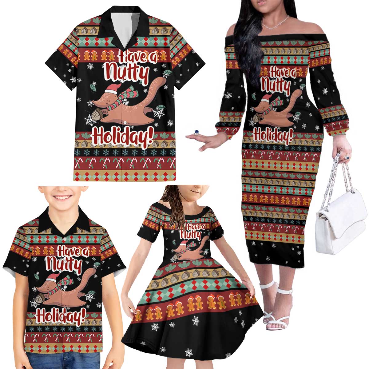 Have A Nutty Holiday Christmas Family Matching Off The Shoulder Long Sleeve Dress and Hawaiian Shirt Xmas Holiday Patterns - Wonder Print Shop
