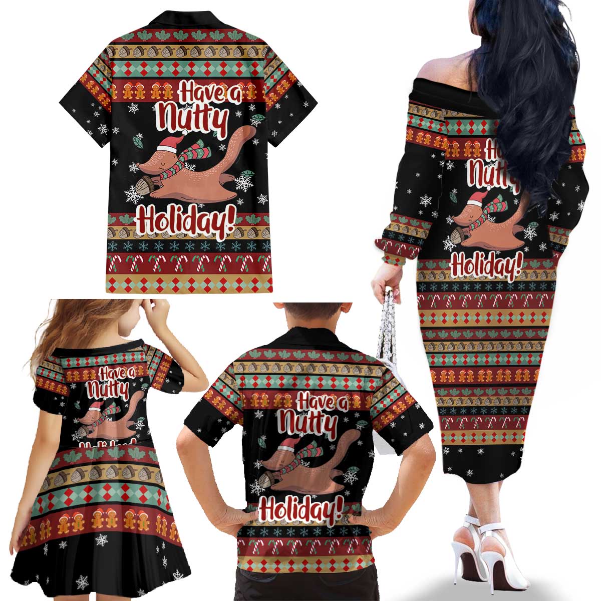 Have A Nutty Holiday Christmas Family Matching Off The Shoulder Long Sleeve Dress and Hawaiian Shirt Xmas Holiday Patterns - Wonder Print Shop