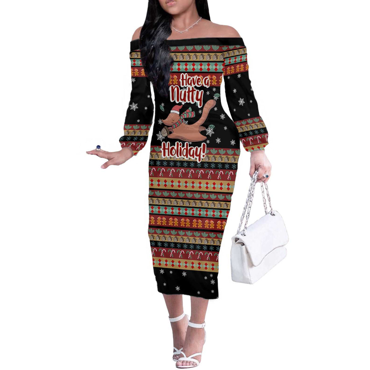 Have A Nutty Holiday Christmas Off The Shoulder Long Sleeve Dress Xmas Holiday Patterns - Wonder Print Shop