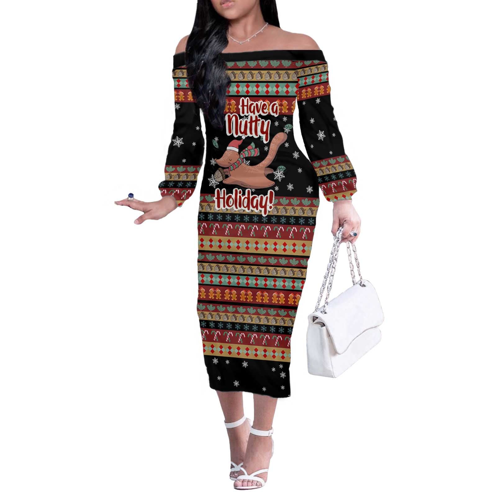 Have A Nutty Holiday Christmas Off The Shoulder Long Sleeve Dress Xmas Holiday Patterns - Wonder Print Shop