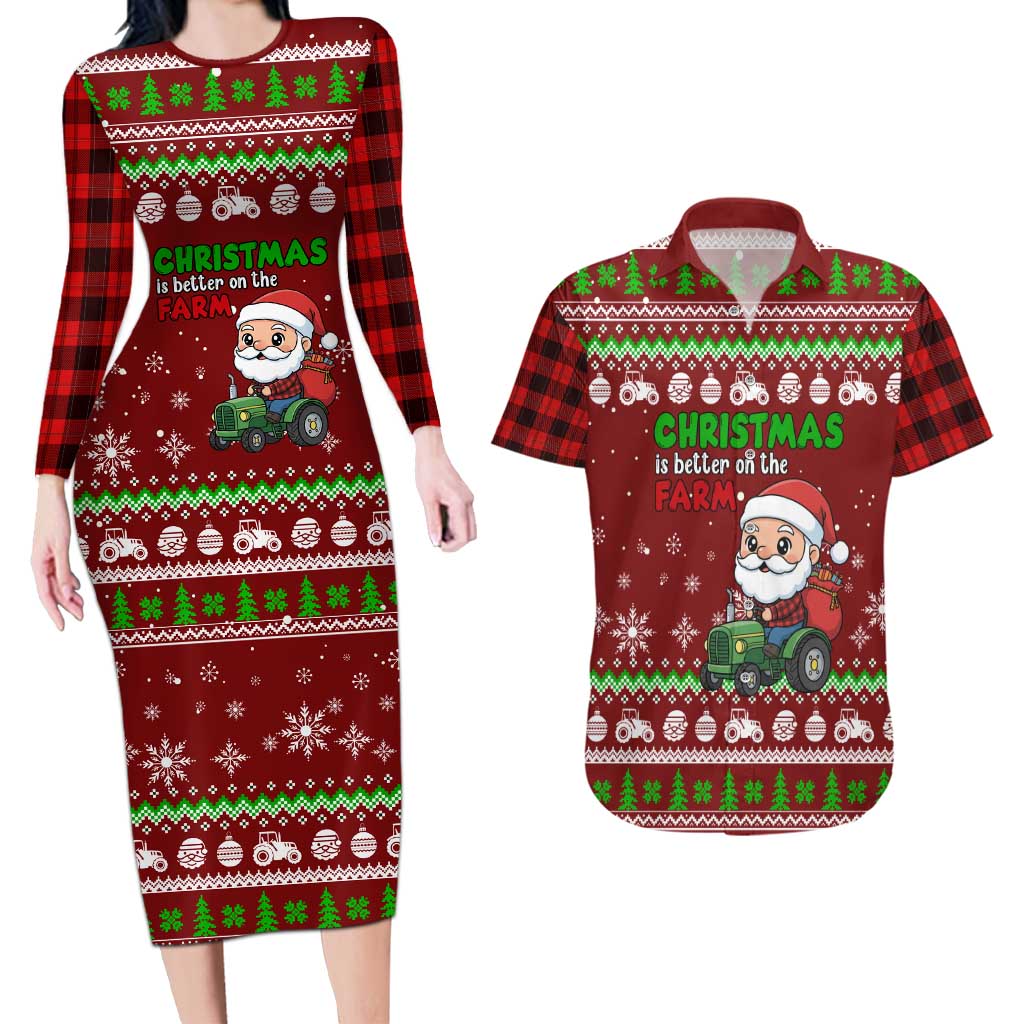 Tractor Santa Christmas Couples Matching Long Sleeve Bodycon Dress and Hawaiian Shirt Xmas Holiday Patterns - Wonder Print Shop