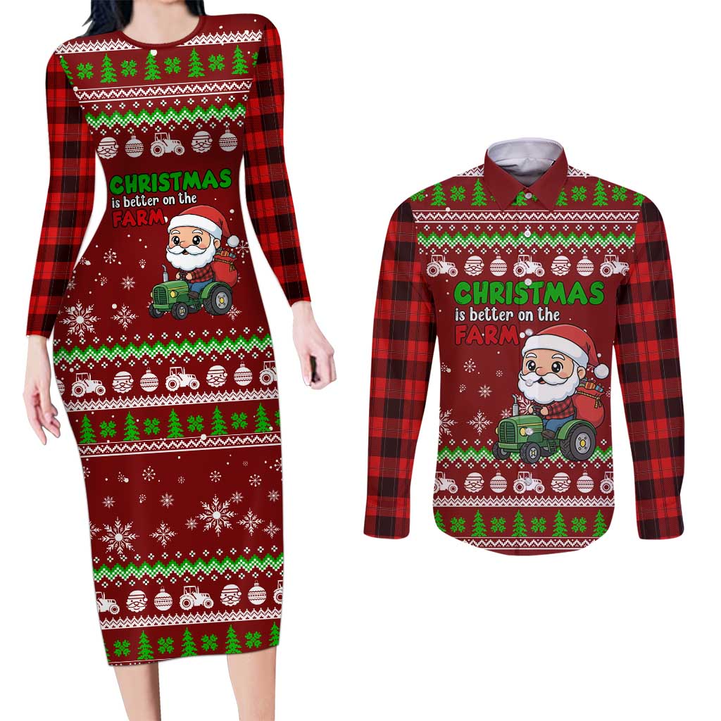 Tractor Santa Christmas Couples Matching Long Sleeve Bodycon Dress and Long Sleeve Button Shirt Xmas Holiday Patterns - Wonder Print Shop