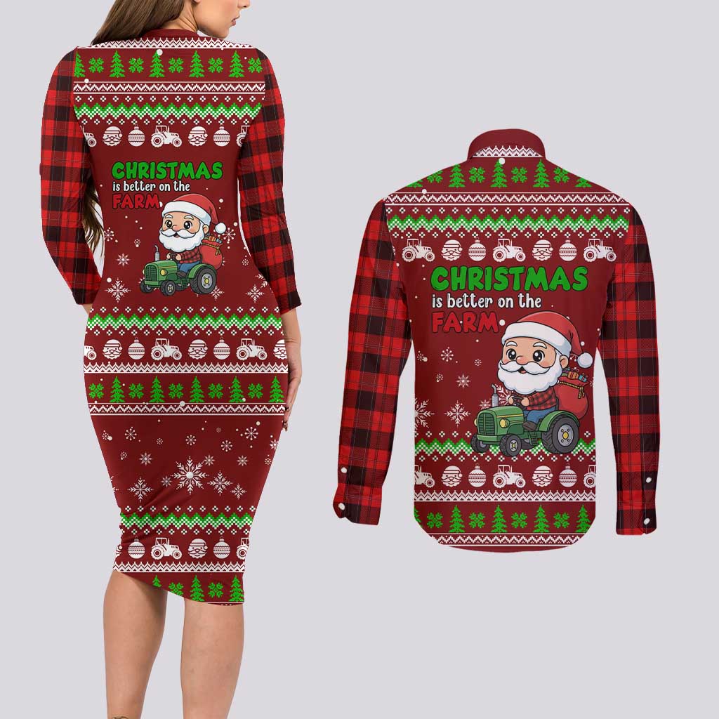 Tractor Santa Christmas Couples Matching Long Sleeve Bodycon Dress and Long Sleeve Button Shirt Xmas Holiday Patterns - Wonder Print Shop