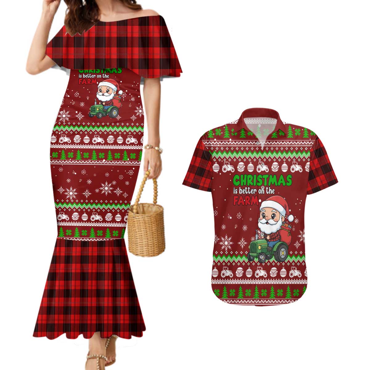 Tractor Santa Christmas Couples Matching Mermaid Dress and Hawaiian Shirt Xmas Holiday Patterns - Wonder Print Shop