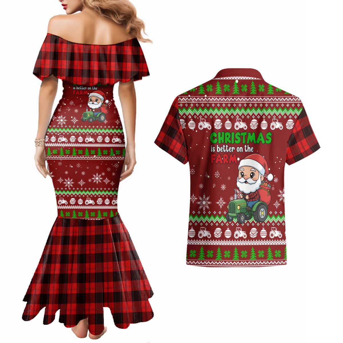 Tractor Santa Christmas Couples Matching Mermaid Dress and Hawaiian Shirt Xmas Holiday Patterns - Wonder Print Shop
