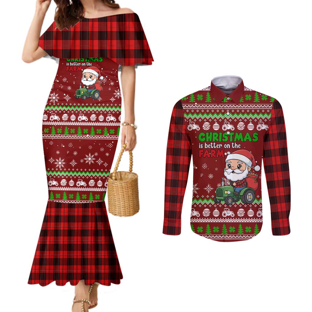 Tractor Santa Christmas Couples Matching Mermaid Dress and Long Sleeve Button Shirt Xmas Holiday Patterns - Wonder Print Shop