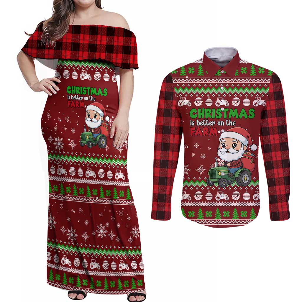 Tractor Santa Christmas Couples Matching Off Shoulder Maxi Dress and Long Sleeve Button Shirt Xmas Holiday Patterns - Wonder Print Shop