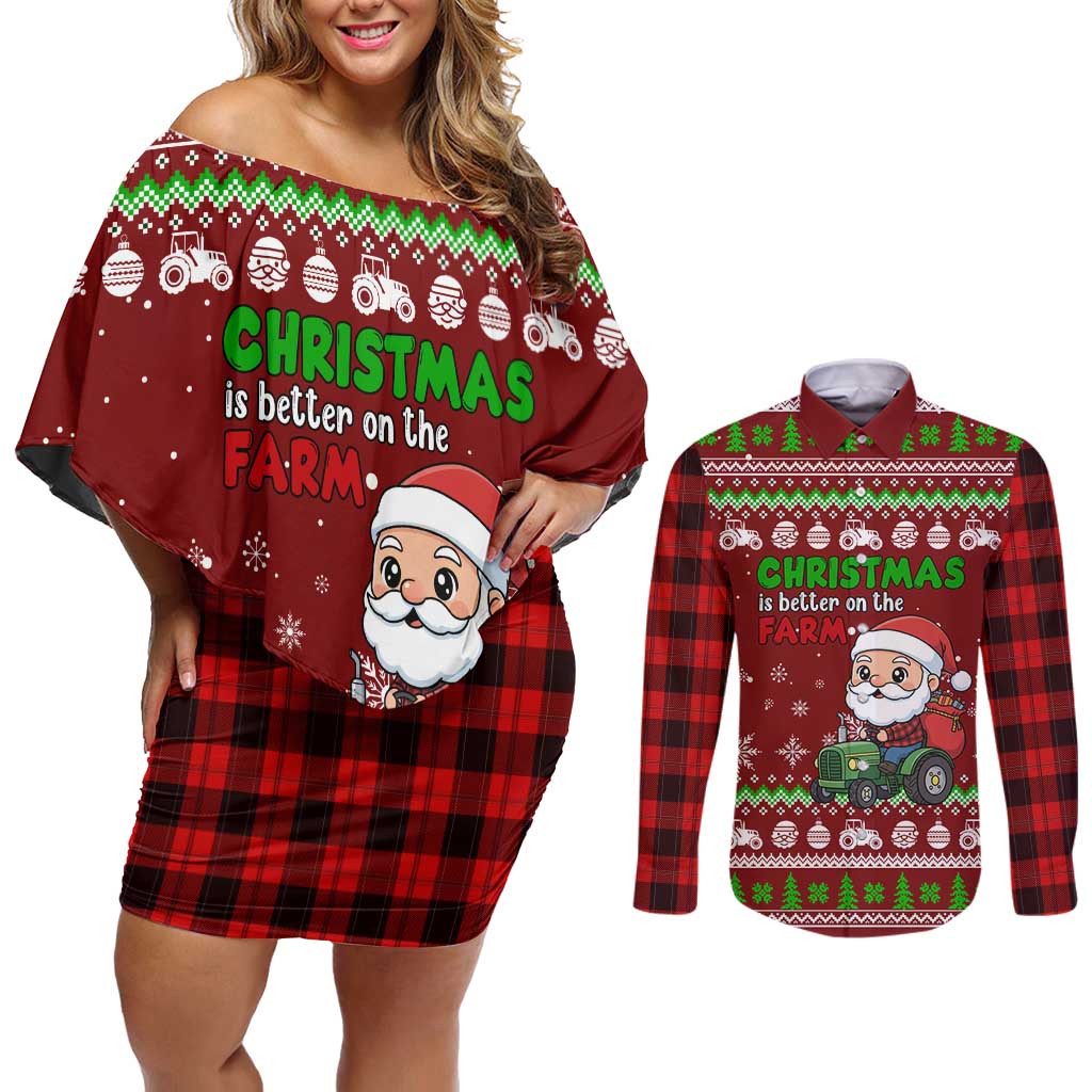 Tractor Santa Christmas Couples Matching Off Shoulder Short Dress and Long Sleeve Button Shirt Xmas Holiday Patterns - Wonder Print Shop