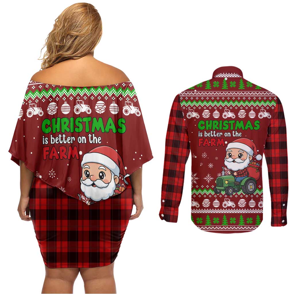 Tractor Santa Christmas Couples Matching Off Shoulder Short Dress and Long Sleeve Button Shirt Xmas Holiday Patterns - Wonder Print Shop