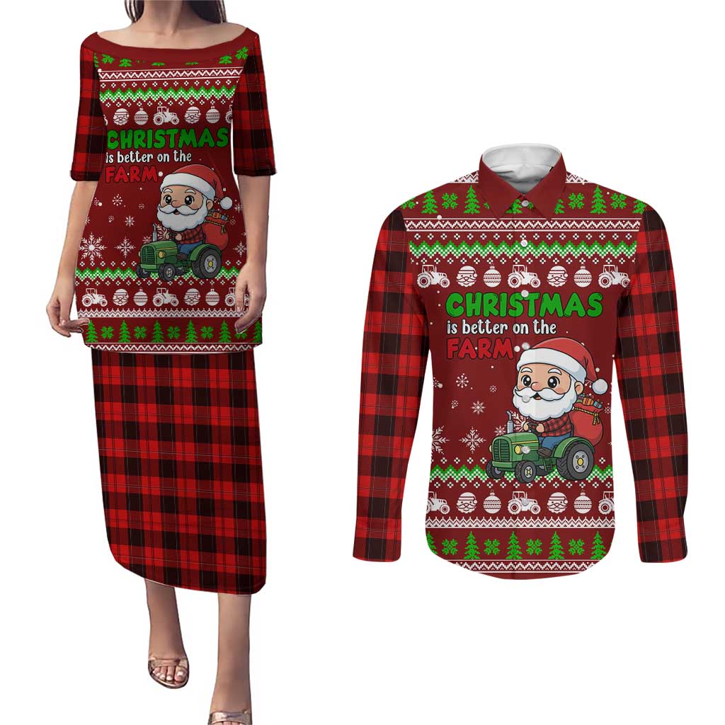 Tractor Santa Christmas Couples Matching Puletasi and Long Sleeve Button Shirt Xmas Holiday Patterns - Wonder Print Shop