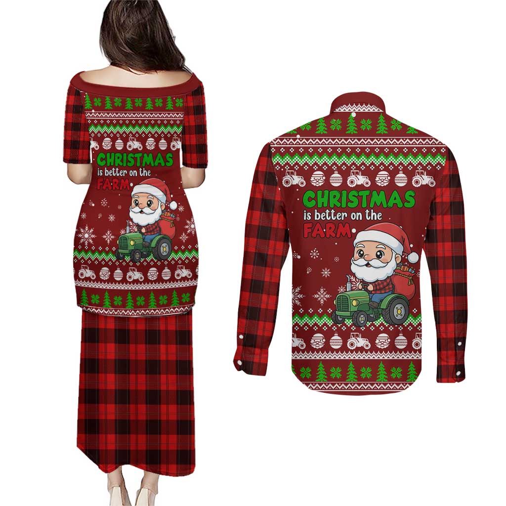 Tractor Santa Christmas Couples Matching Puletasi and Long Sleeve Button Shirt Xmas Holiday Patterns - Wonder Print Shop