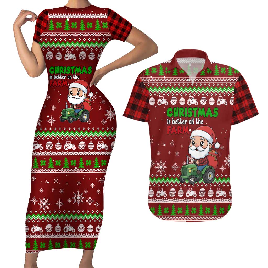 Tractor Santa Christmas Couples Matching Short Sleeve Bodycon Dress and Hawaiian Shirt Xmas Holiday Patterns - Wonder Print Shop