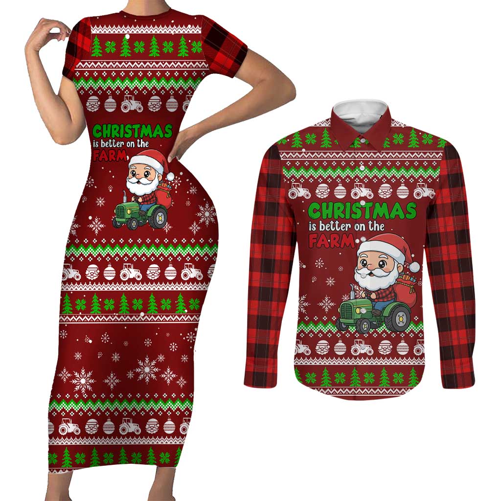 Tractor Santa Christmas Couples Matching Short Sleeve Bodycon Dress and Long Sleeve Button Shirt Xmas Holiday Patterns - Wonder Print Shop