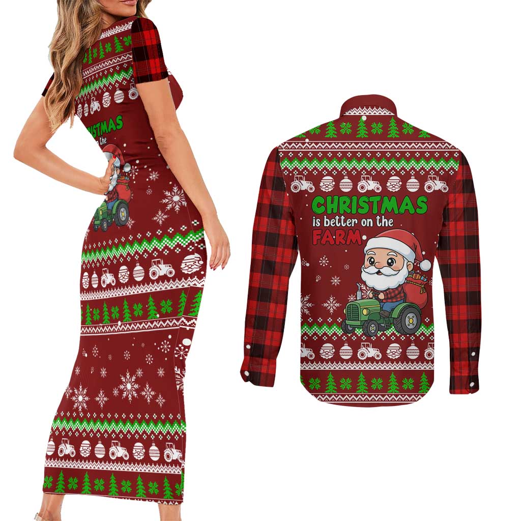 Tractor Santa Christmas Couples Matching Short Sleeve Bodycon Dress and Long Sleeve Button Shirt Xmas Holiday Patterns - Wonder Print Shop