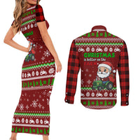 Tractor Santa Christmas Couples Matching Short Sleeve Bodycon Dress and Long Sleeve Button Shirt Xmas Holiday Patterns - Wonder Print Shop