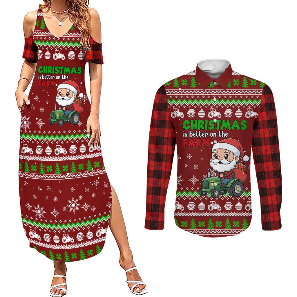Tractor Santa Christmas Couples Matching Summer Maxi Dress and Long Sleeve Button Shirt Xmas Holiday Patterns - Wonder Print Shop