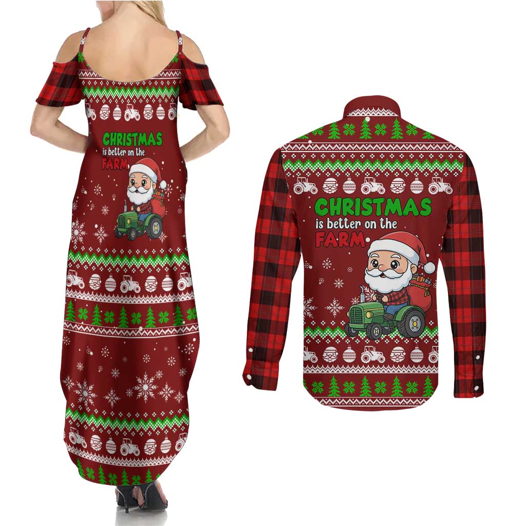 Tractor Santa Christmas Couples Matching Summer Maxi Dress and Long Sleeve Button Shirt Xmas Holiday Patterns - Wonder Print Shop