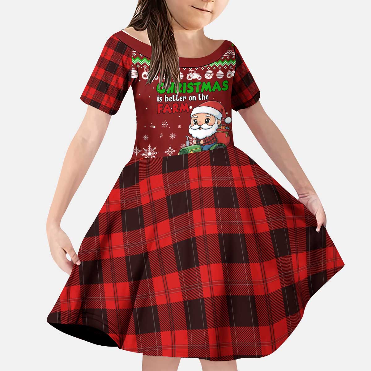Tractor Santa Christmas Kid Short Sleeve Dress Xmas Holiday Patterns - Wonder Print Shop