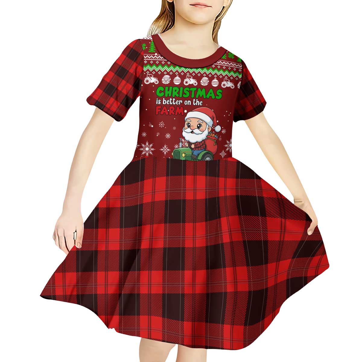 Tractor Santa Christmas Kid Short Sleeve Dress Xmas Holiday Patterns - Wonder Print Shop