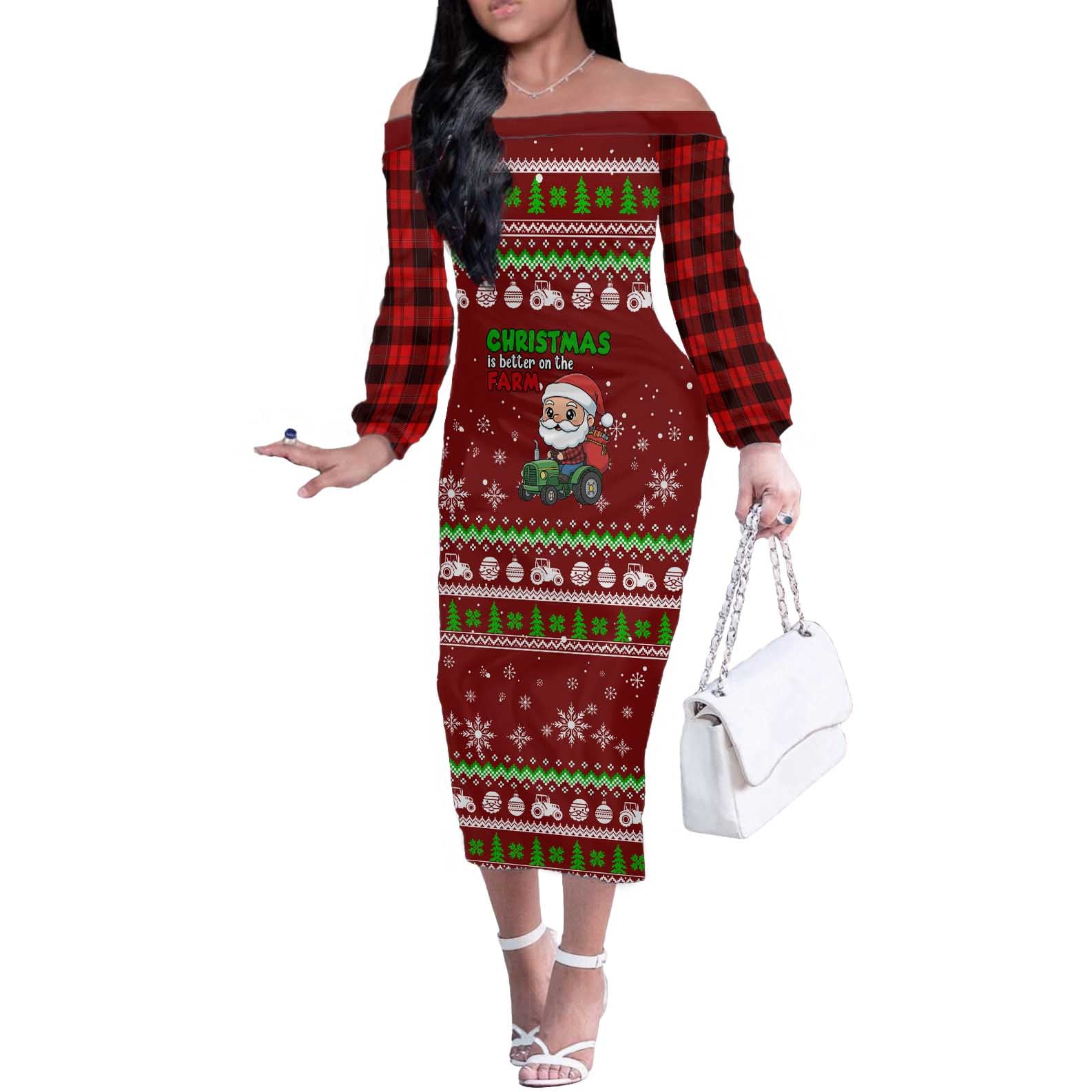 Tractor Santa Christmas Off The Shoulder Long Sleeve Dress Xmas Holiday Patterns - Wonder Print Shop
