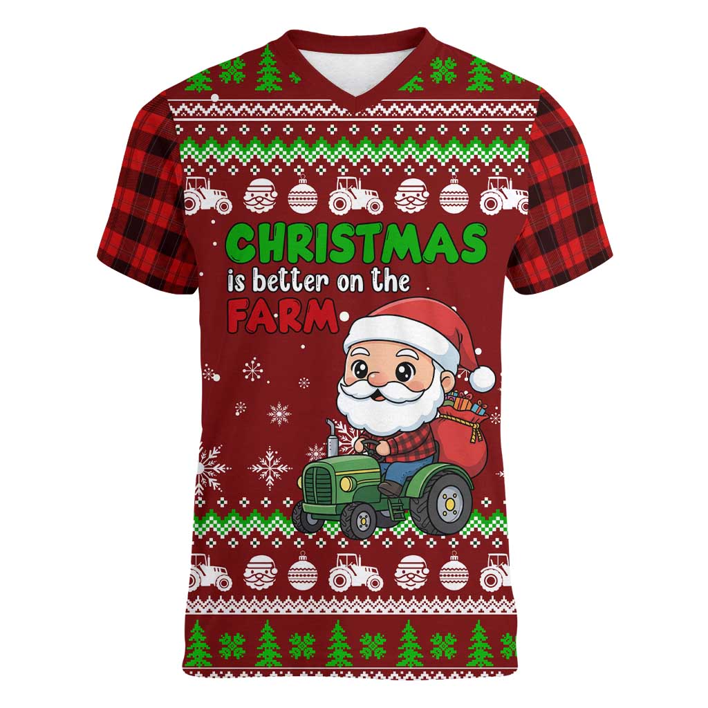 Tractor Santa Christmas Women V-Neck T-Shirt Xmas Holiday Patterns - Wonder Print Shop