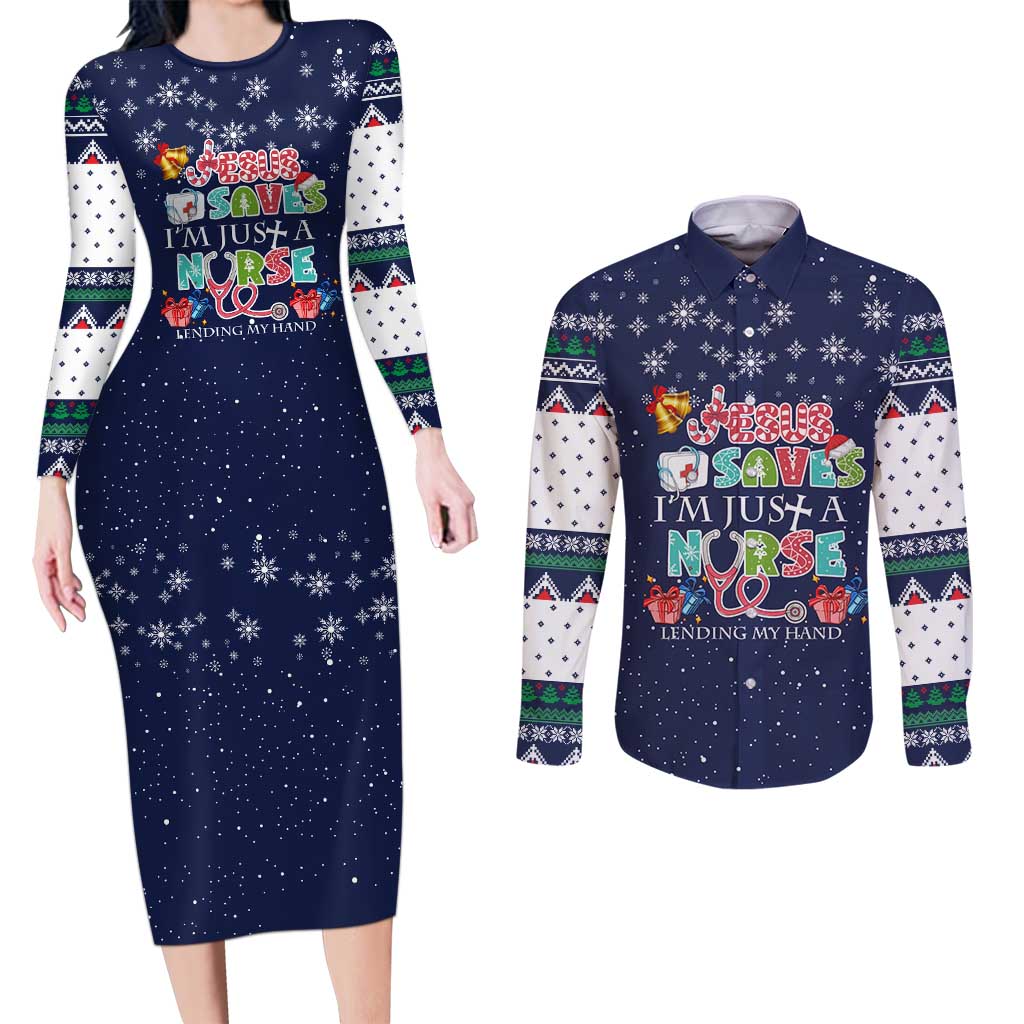Nurse Life Jesus Christmas Couples Matching Long Sleeve Bodycon Dress and Long Sleeve Button Shirt Xmas Holiday Patterns - Wonder Print Shop