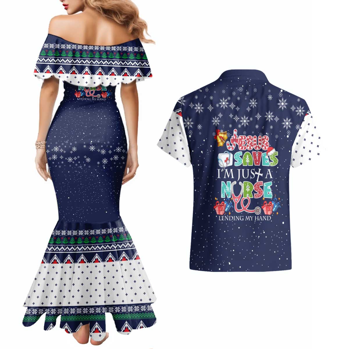 Nurse Life Jesus Christmas Couples Matching Mermaid Dress and Hawaiian Shirt Xmas Holiday Patterns - Wonder Print Shop