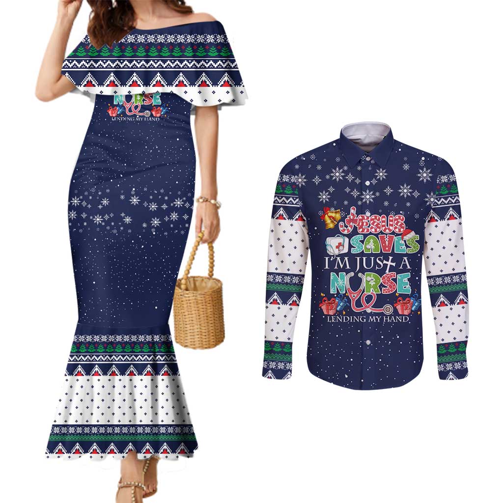 Nurse Life Jesus Christmas Couples Matching Mermaid Dress and Long Sleeve Button Shirt Xmas Holiday Patterns - Wonder Print Shop