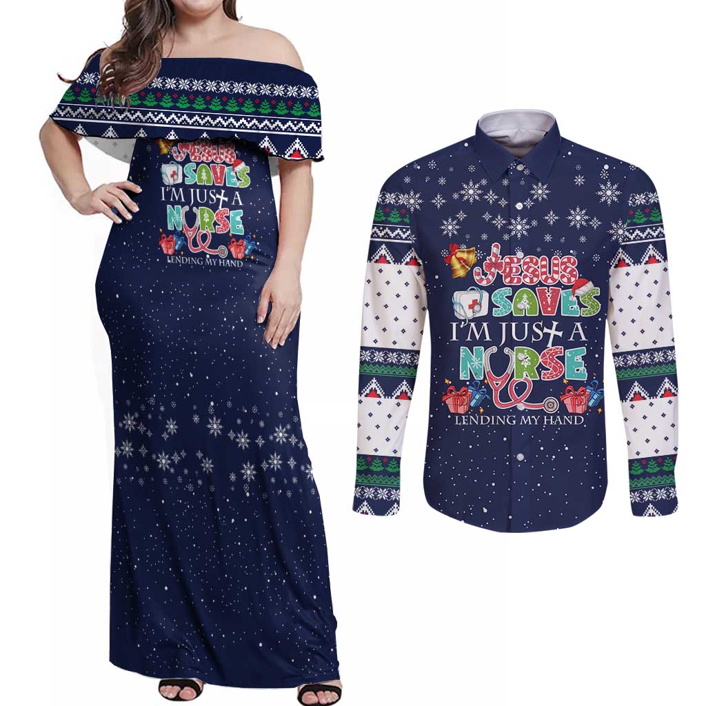 Nurse Life Jesus Christmas Couples Matching Off Shoulder Maxi Dress and Long Sleeve Button Shirt Xmas Holiday Patterns - Wonder Print Shop
