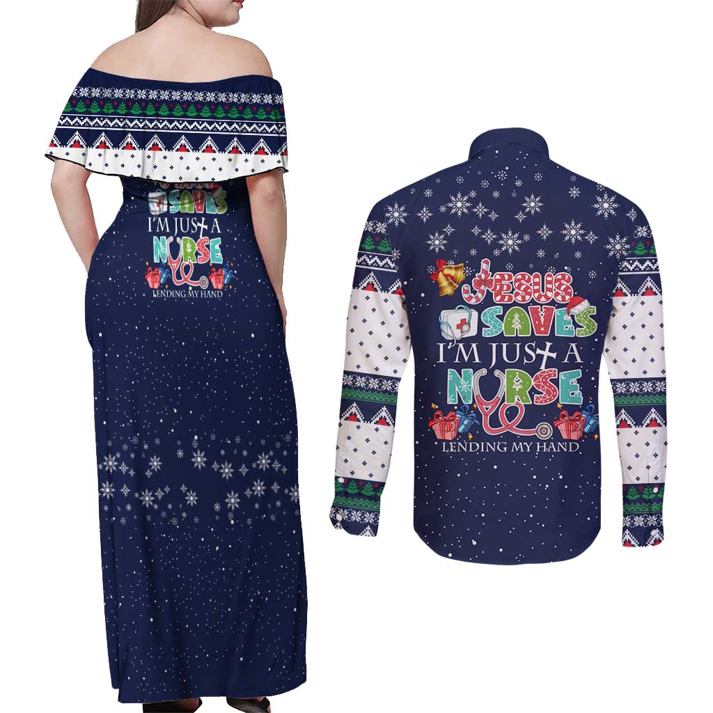 Nurse Life Jesus Christmas Couples Matching Off Shoulder Maxi Dress and Long Sleeve Button Shirt Xmas Holiday Patterns - Wonder Print Shop